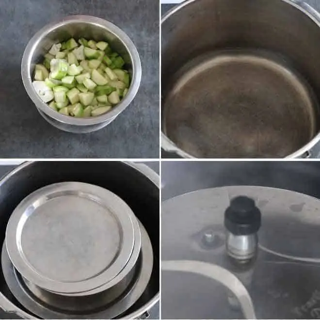 collage of boiling vegetables in pressure cooker