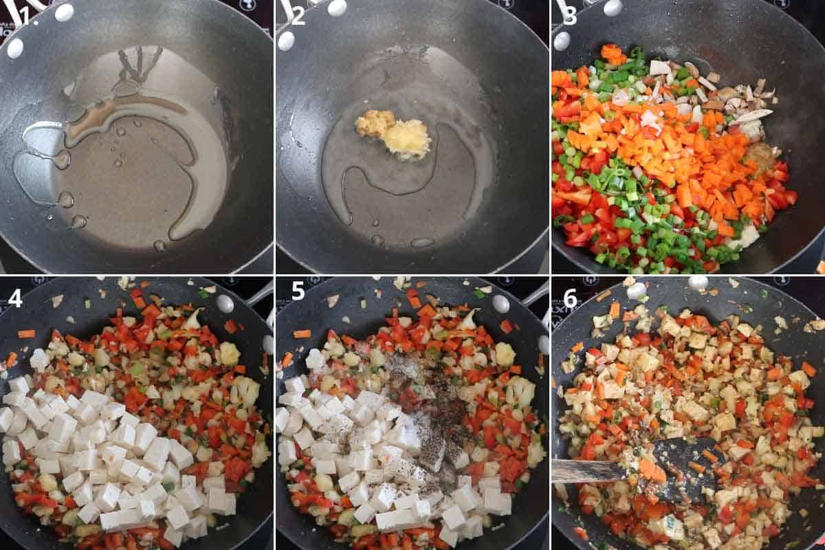 collage of making vegan dumpling filling with tofu and vegetables