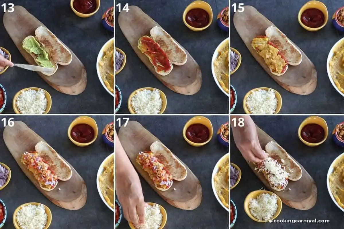 step by step process of assembling veg masala hot dog