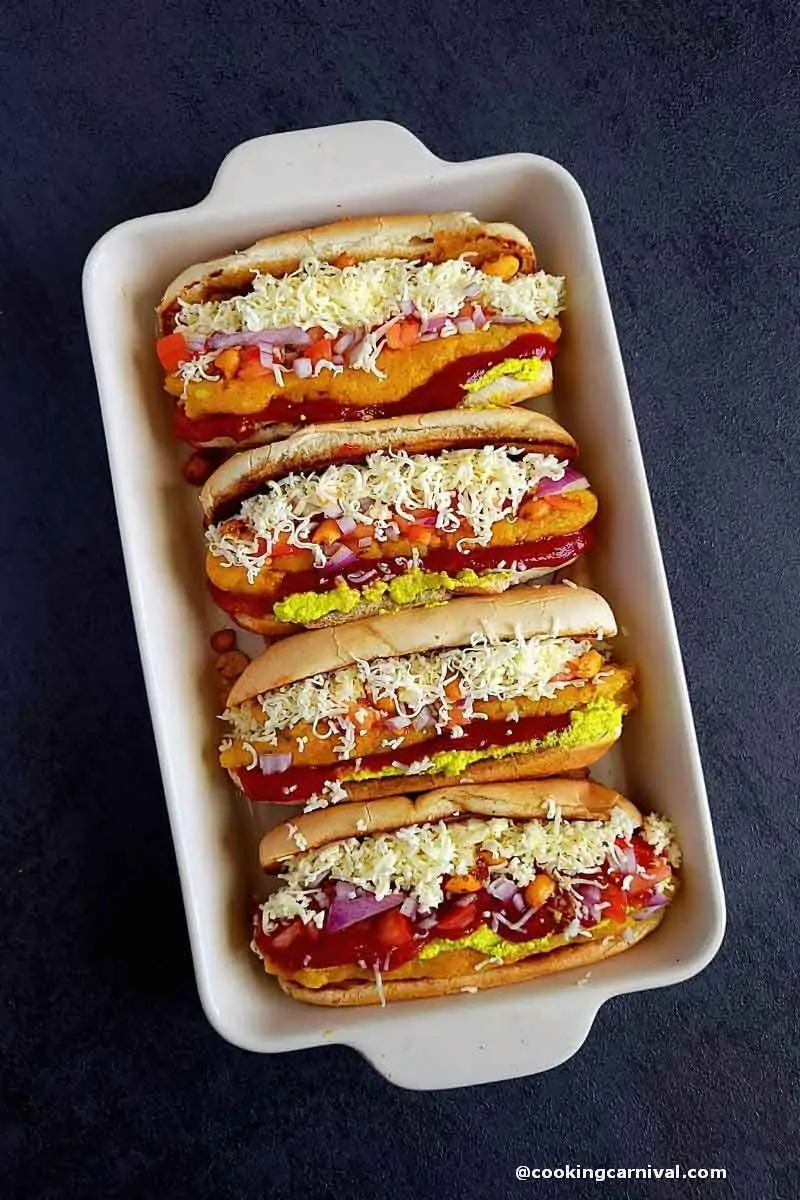 Veg hot dog in a tray.