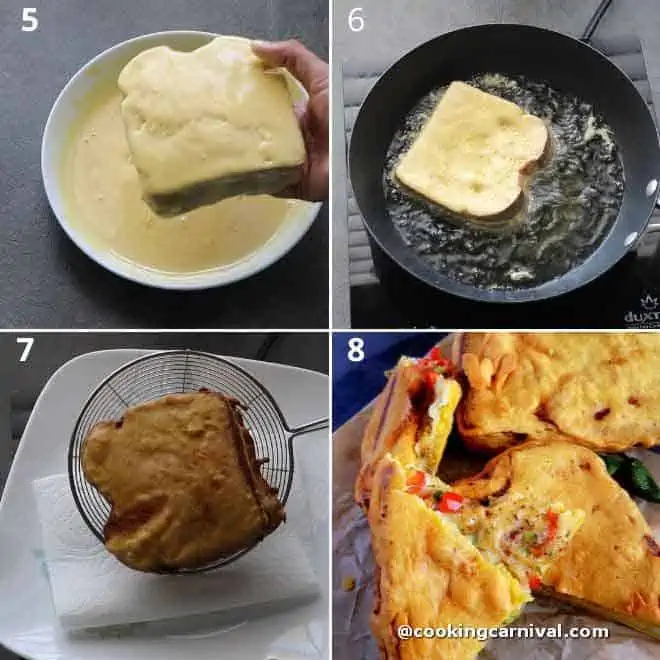 step by step proess of frying bread pakoda