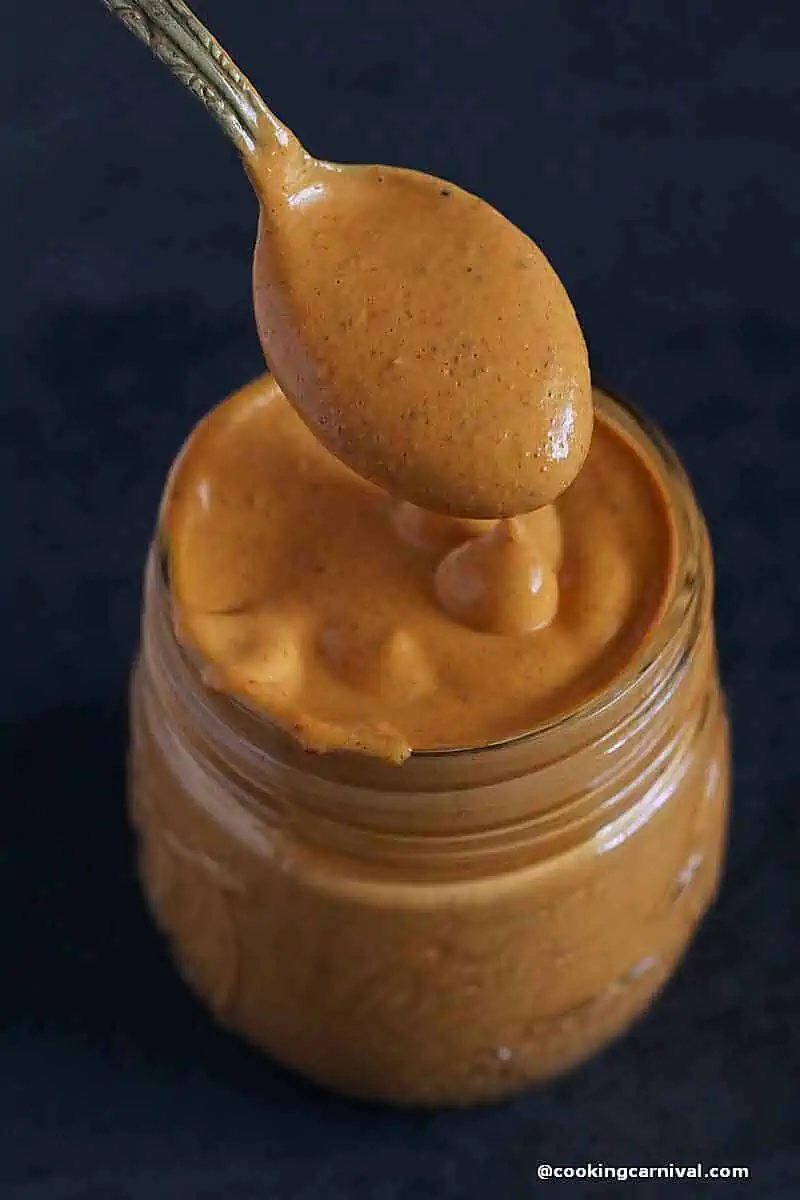 Subway chipotle sauce in a bottle, showing texture with spoon