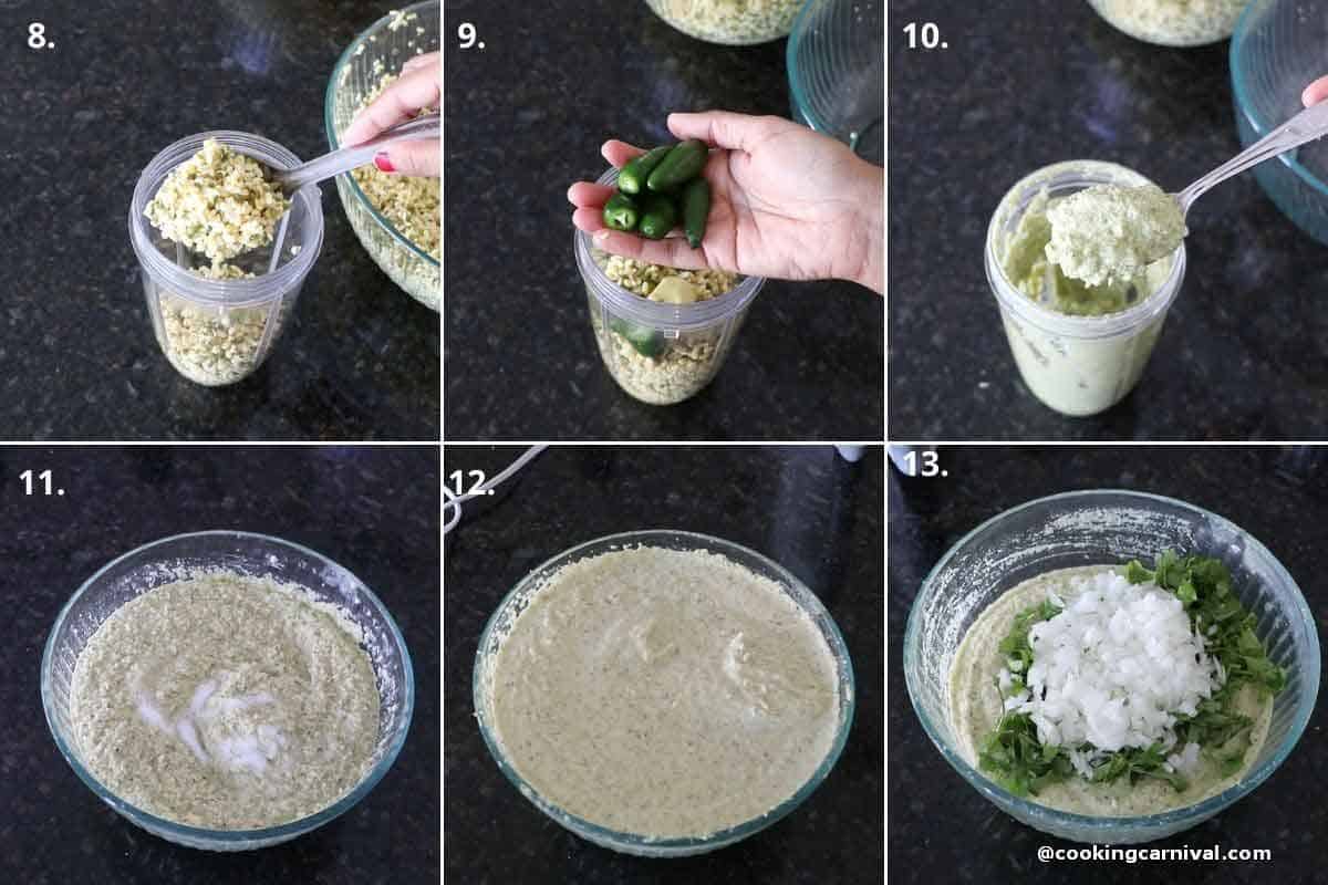 grinding moong dal with ginger and green chilies, then mix cilantro, onion, with lentil batter