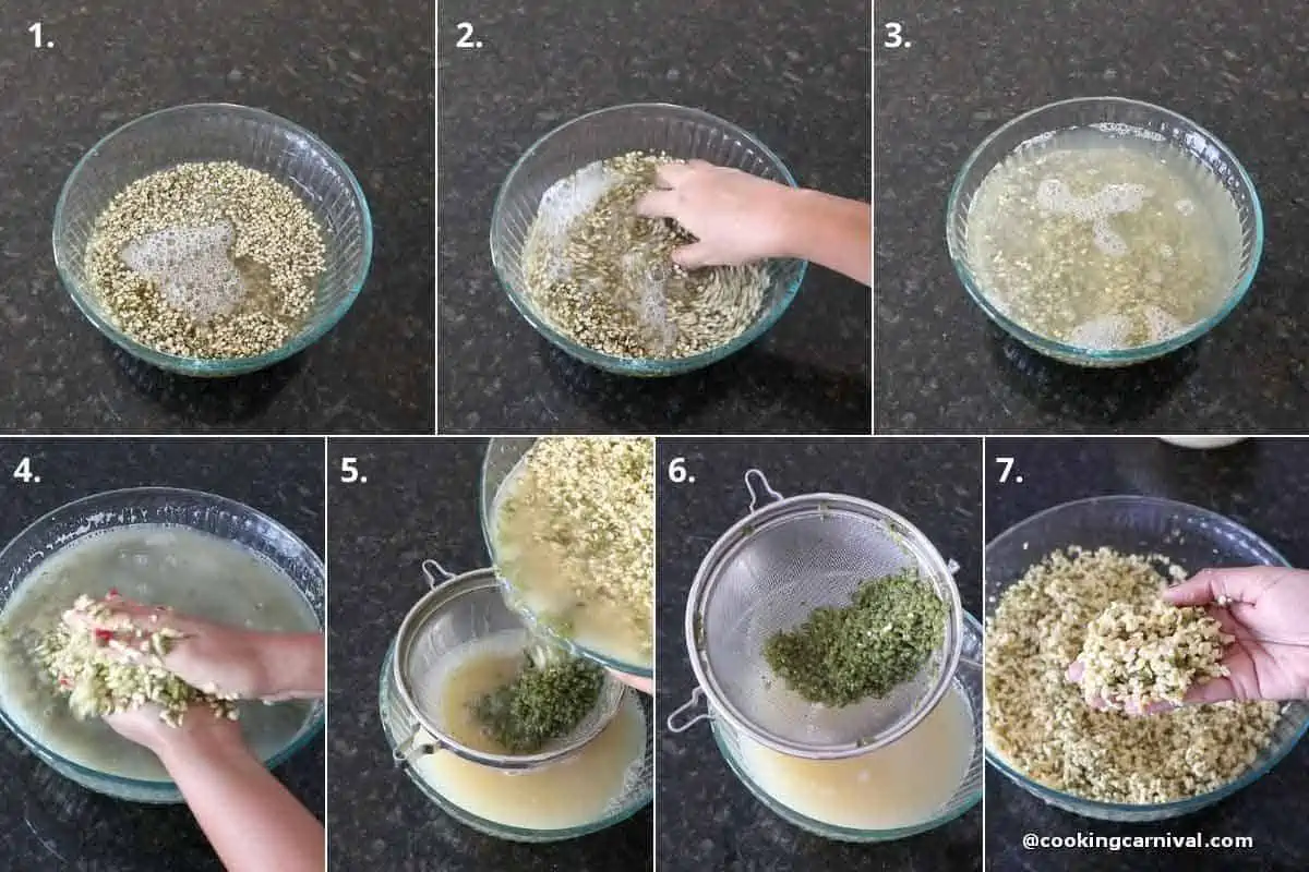 collage of soaking lentil and then rubbing lentil to get rid of skin.