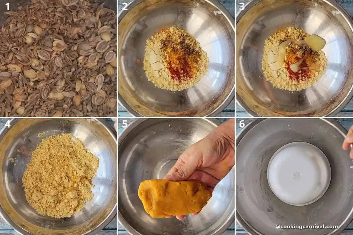 adding carom seeds, coriander seeds, cumin seeds, salt, chili powder, hing, turmeric powder and ghee in Besan (Gram flour) and making dough for soft gatte