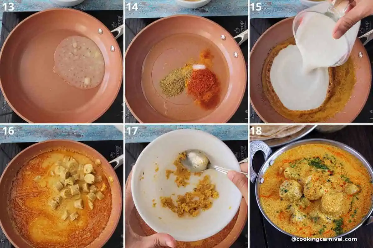 making yogurt based curry for gatte ki sabji by sauteing spices in ghee. Then added yogurt, water and prepared gatta.
