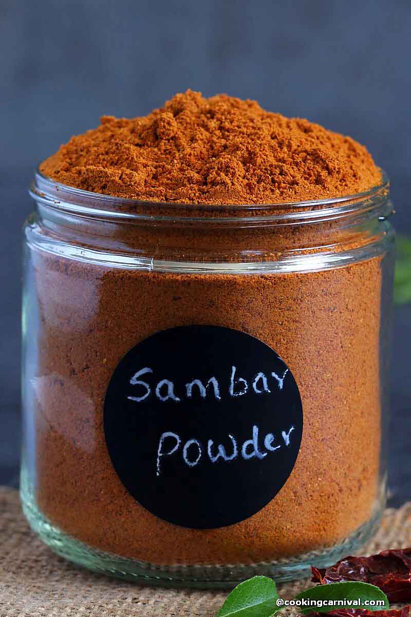south Indian spice mix- sambar powder, in a glass jar
