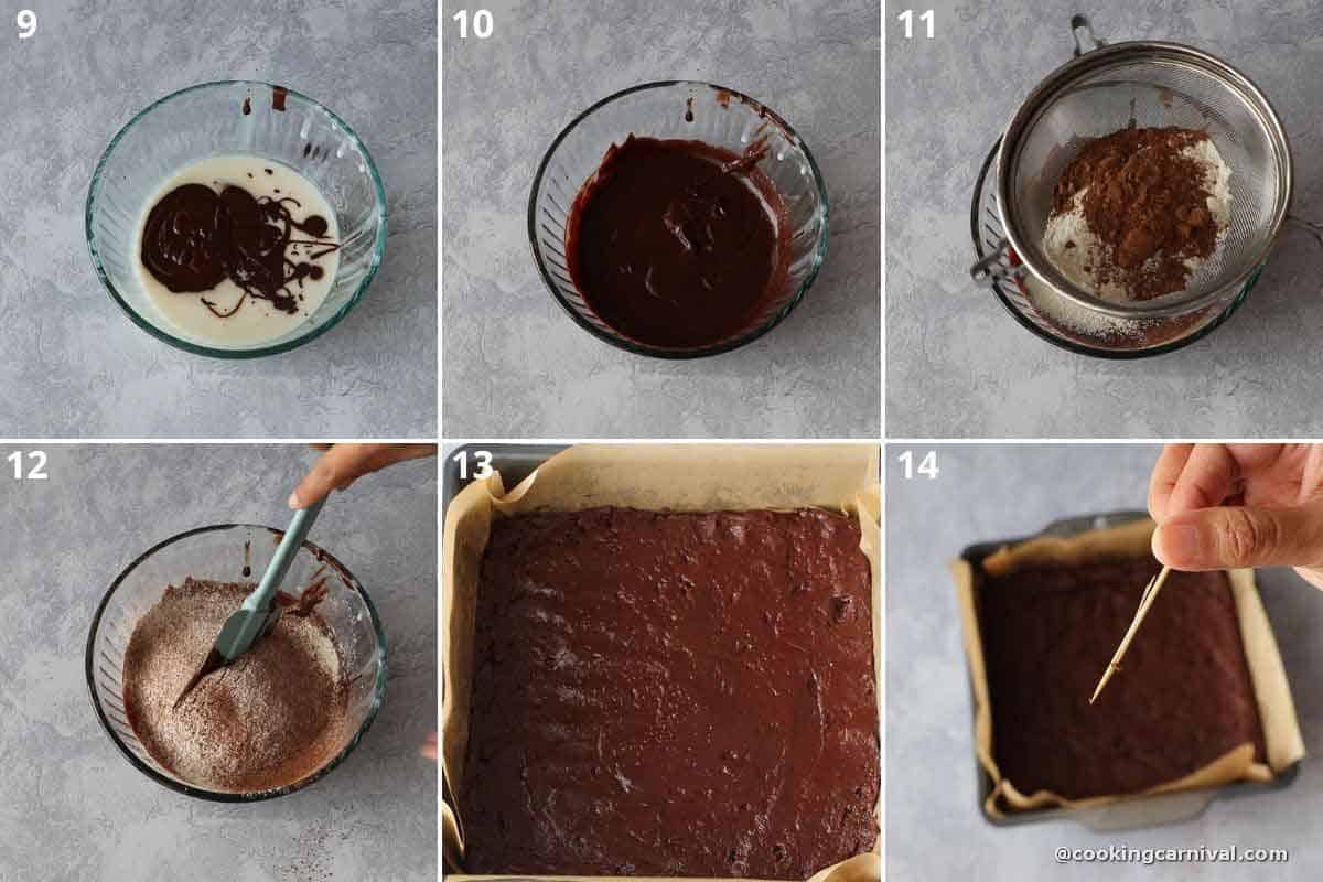 mixing brownie batter and baking it.