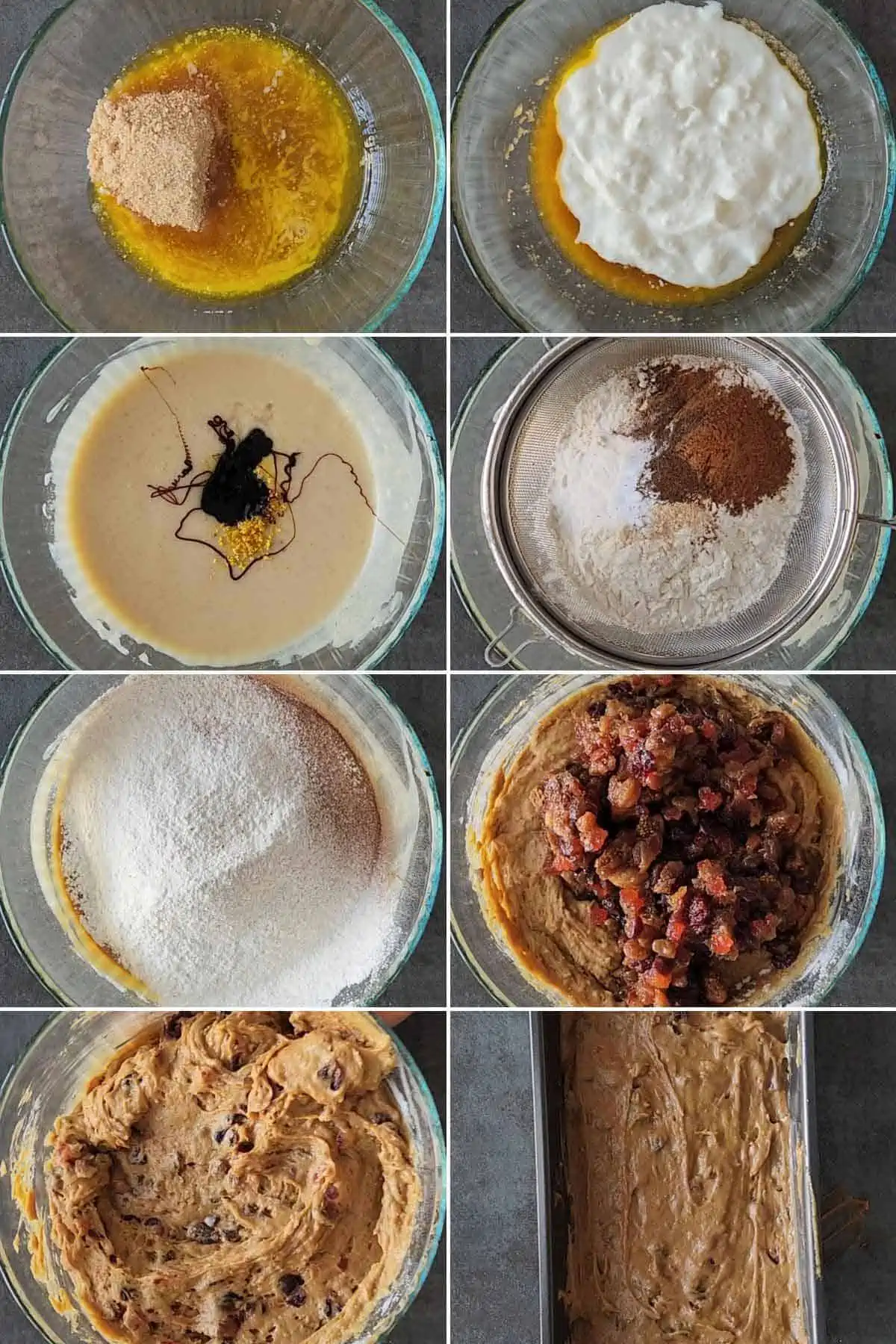 Step by step process of making fruit cake.