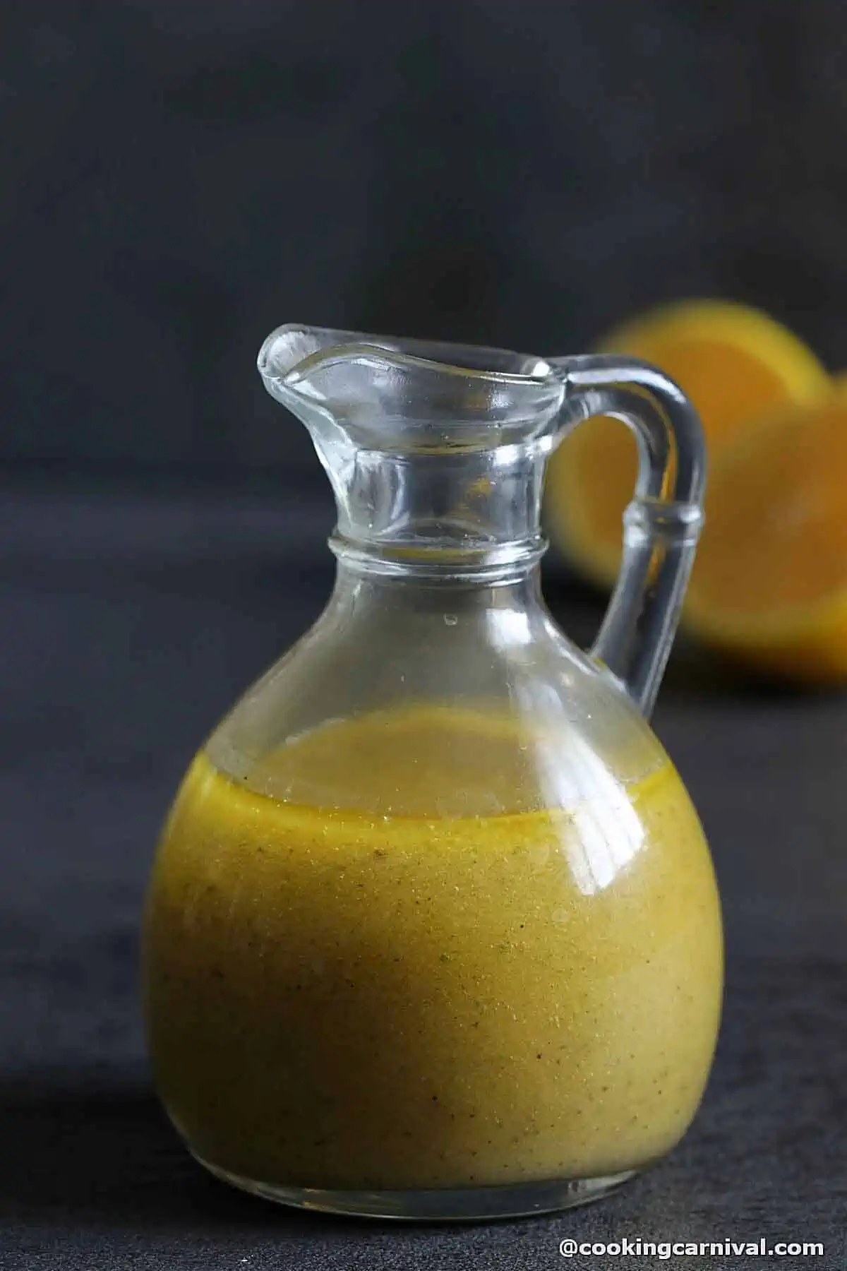 lemon salad dressing in a glass bottle.