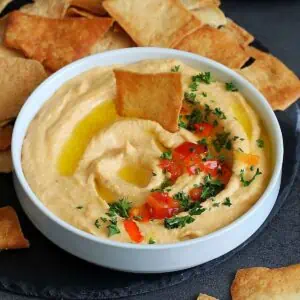 Roasted red pepper hummus with pita chips.