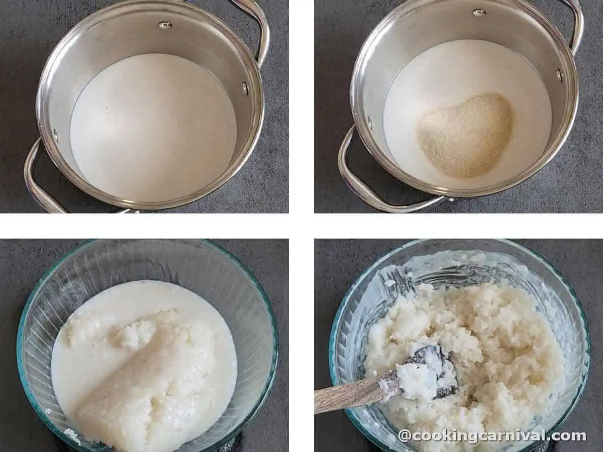 mixing cooked sticky rice with coconut sauce