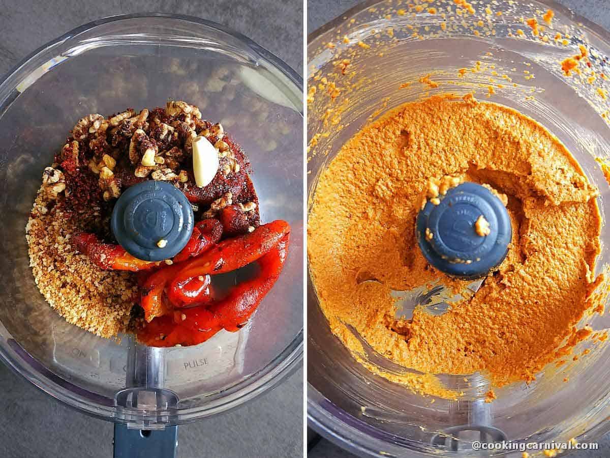 making roasted red pepper and walnut dip in food processer. 