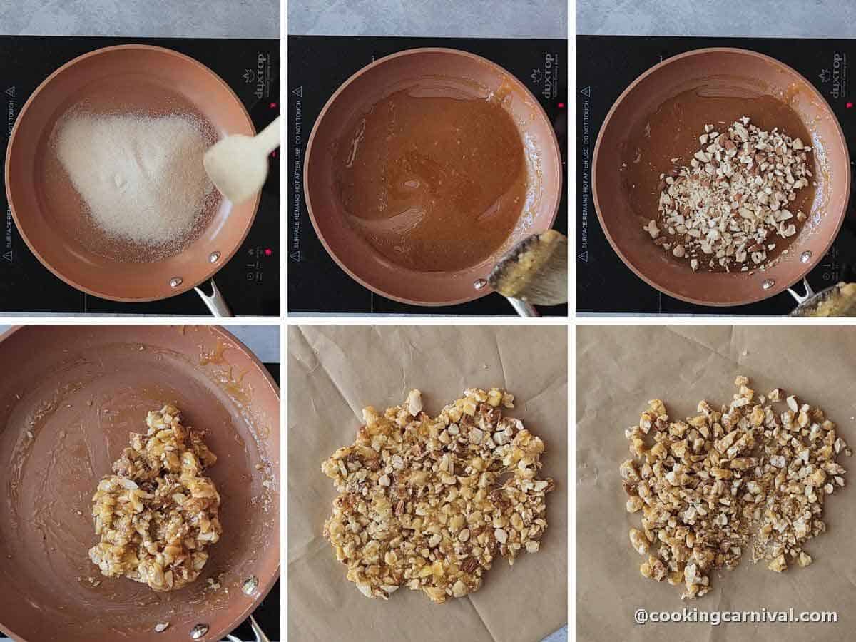 Process shot of making praline.