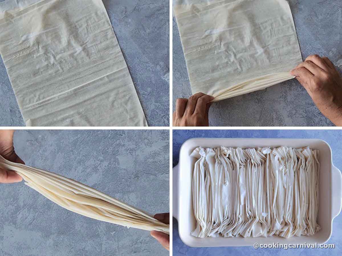 folding phyllo pastry sheets to make crinkle cake.