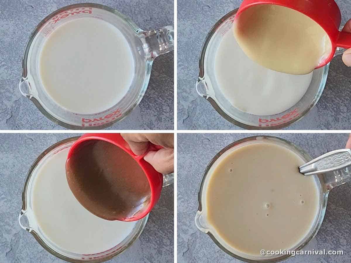 process of making eggless butterscotch custard.