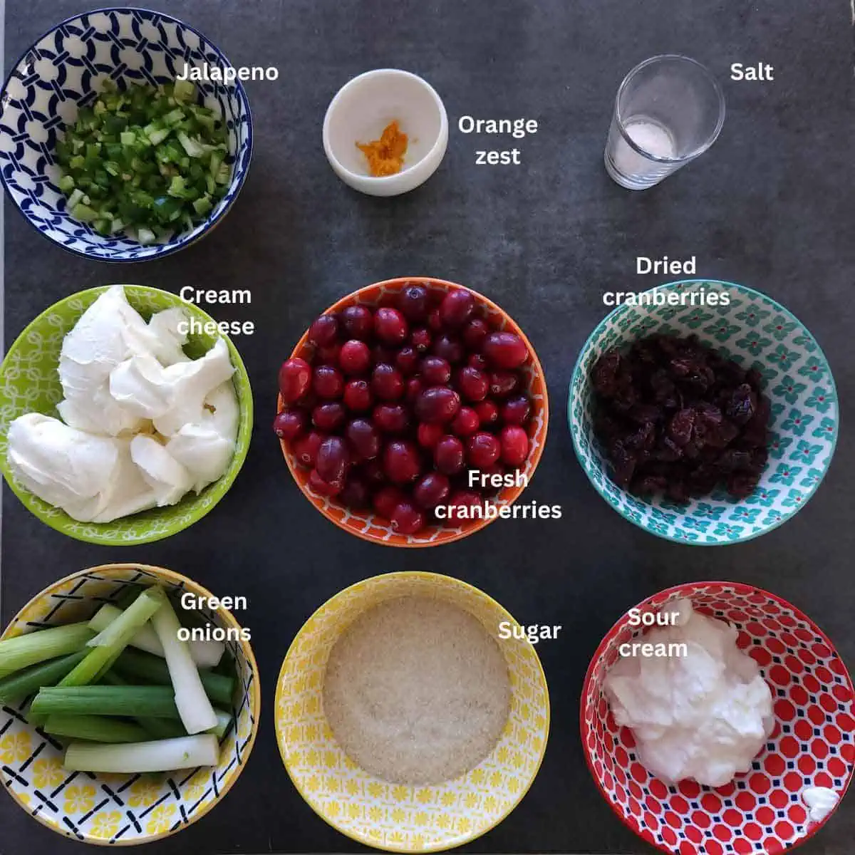 Cranberry jalapeno dip pre-measured ingredients.