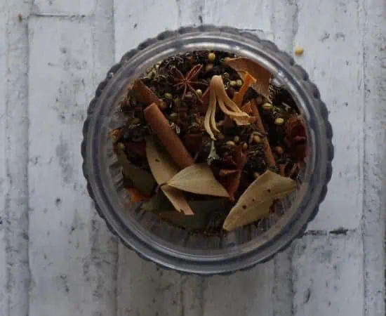 Toasted Indian whole spices in bender jar.