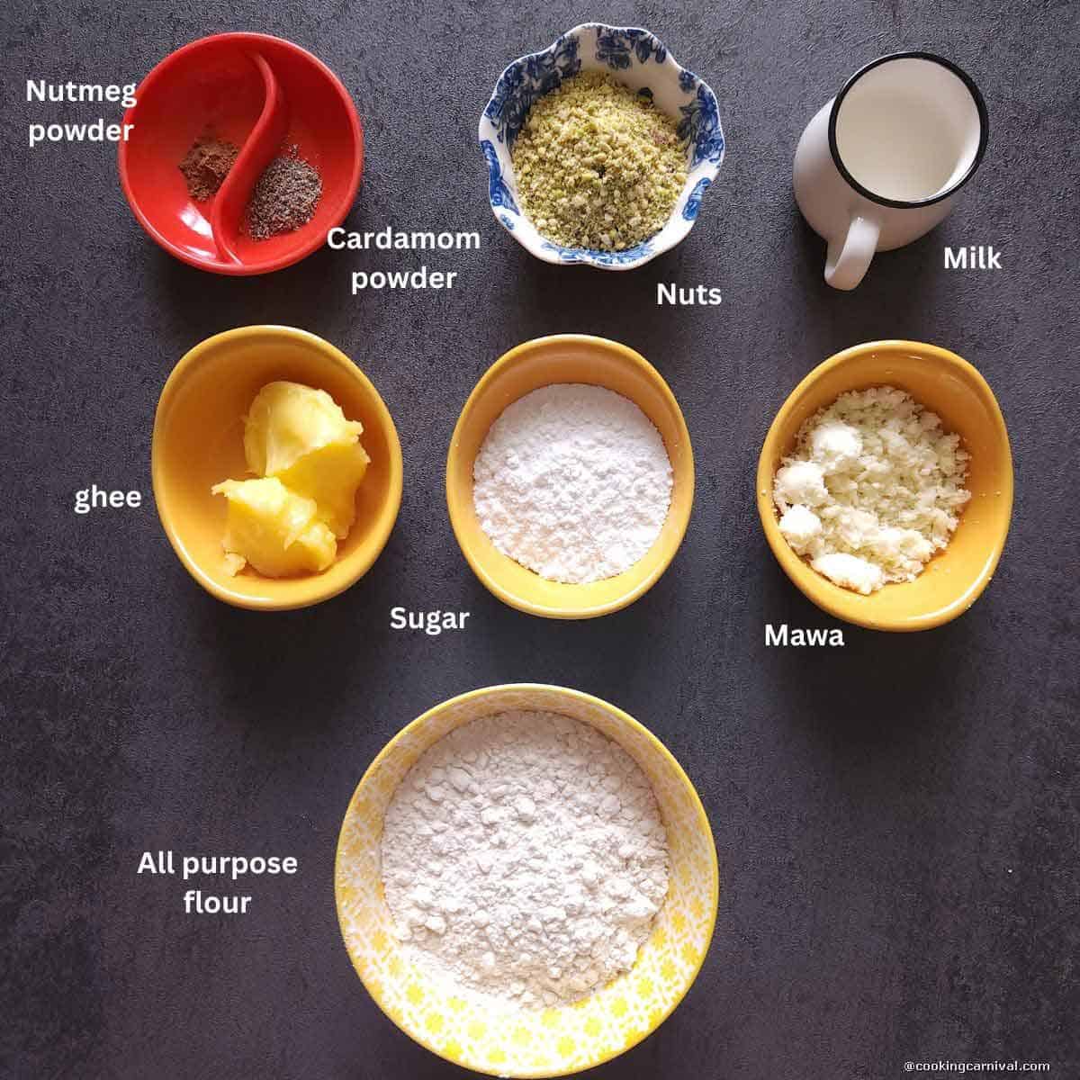 Premeasured ingredients of mawa gujia cookies.