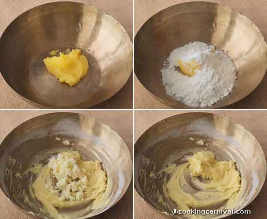 Ghee, sugar, mawa in a bowl.