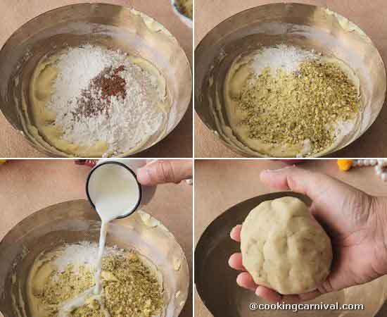 flour, nutmeg, cardamom, milk mixed with sugar, ghee and mawa.