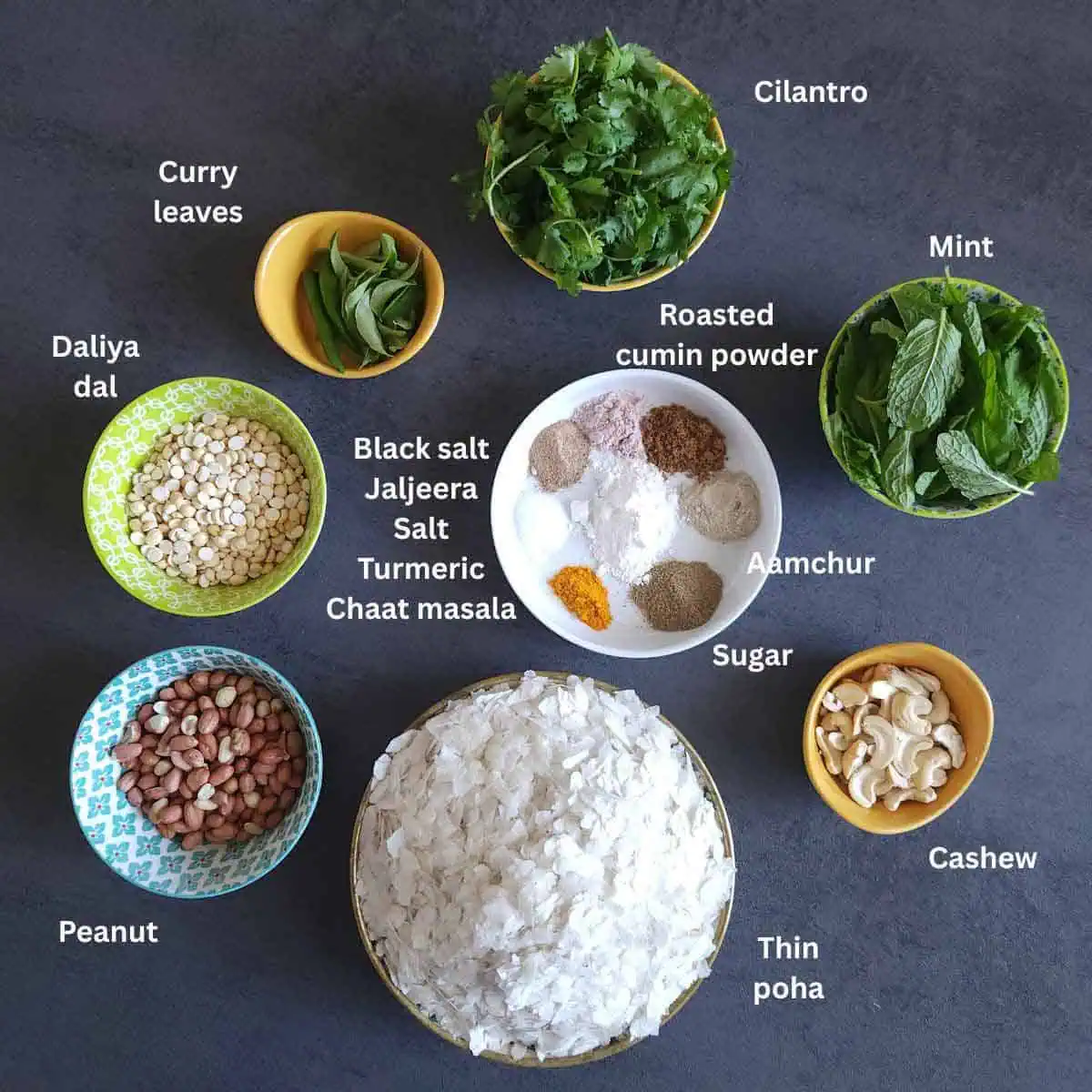 premeasured ingredeints for pani puri poha chivda.