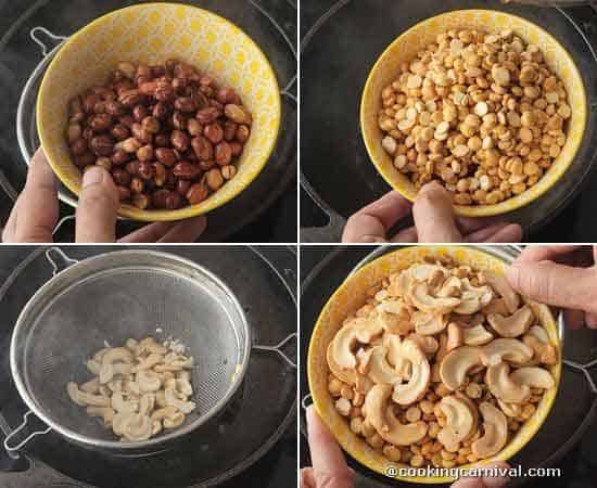 frying peanut, cashew and daliya dal.