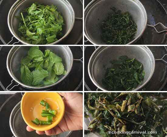 collage of frying mint, cilantro, curry leaves and green chili.