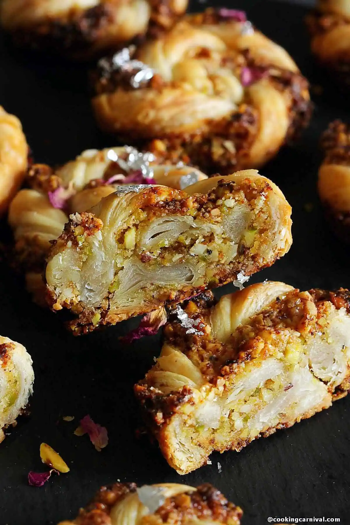 showing texture of puff pastry gujiya swirls.