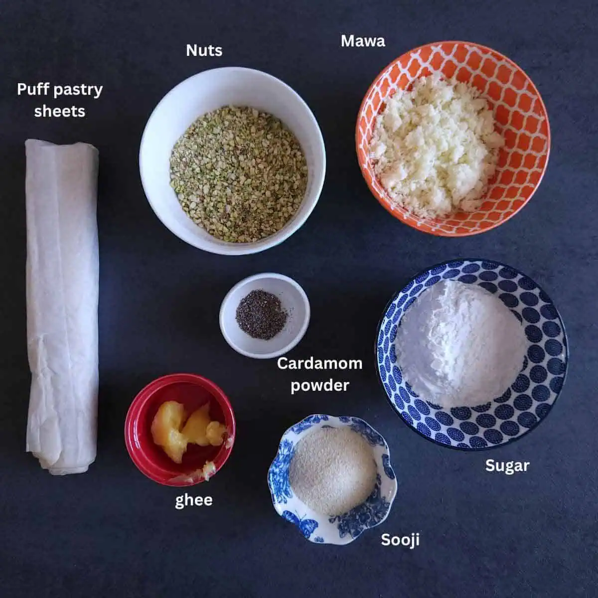 pre-measured ingredients for gujiya puff pastry swirls.