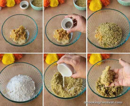collage of making gujiya stuffing.
