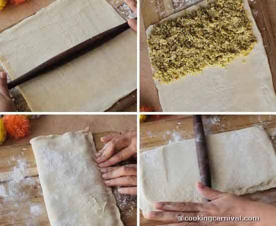 rolling puff pastry sheet and stuffing with gujiya mixture.