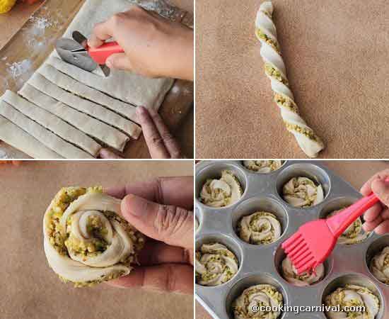 cutting the stuffed puff pastry and shaping into swirl.