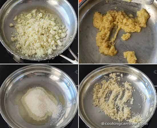 collage of roasting mawa and semolina.