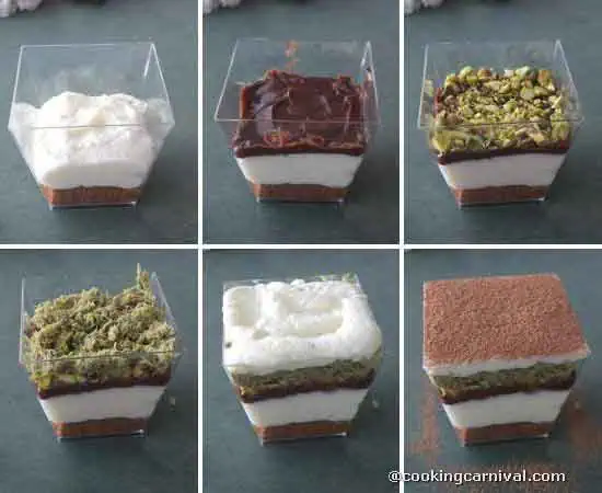 Assembling Dubai chocolate kataifi tiramisu.