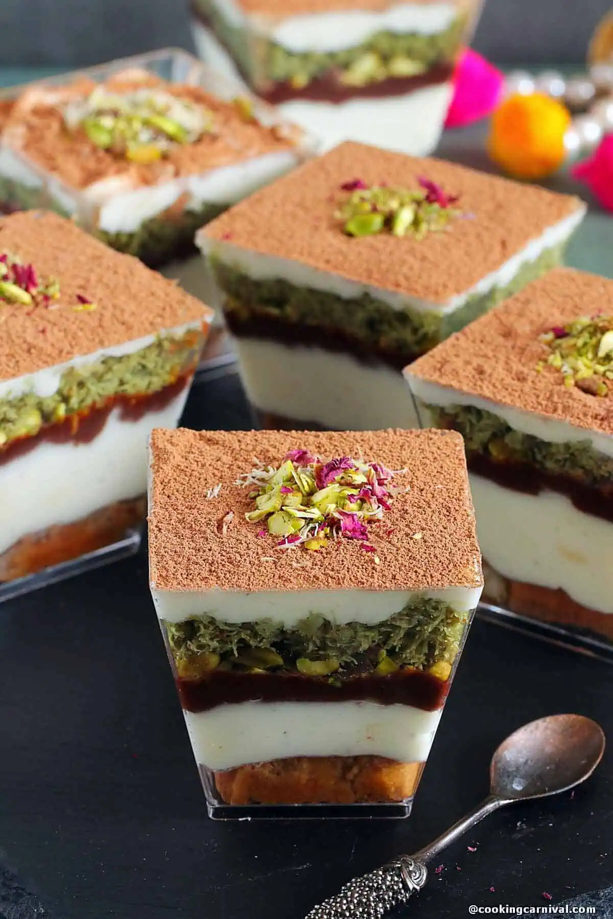Dubai chocolate kataifi pistachio tiramisu in a small cup.
