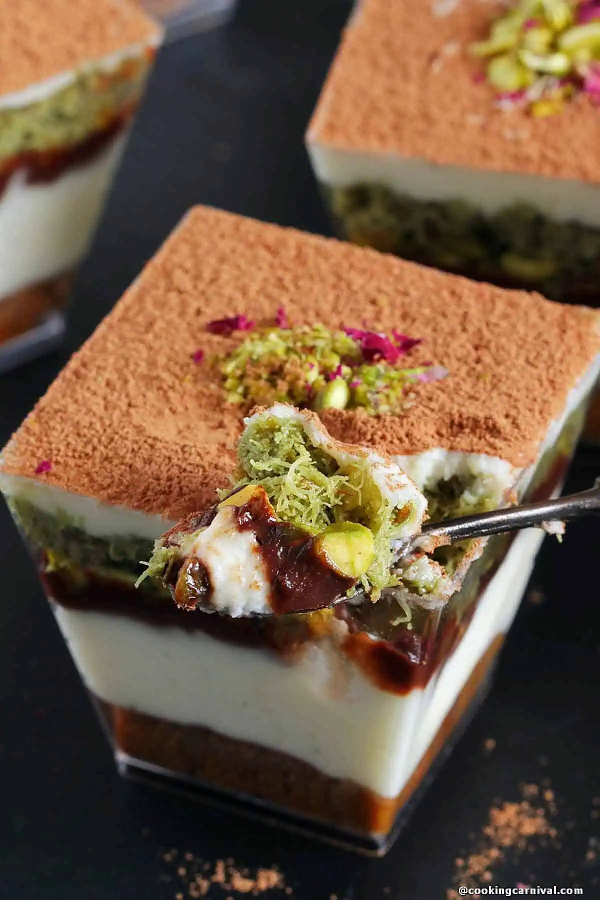 spoon full of dubai chocolate kataifi pistachio tiramisu.