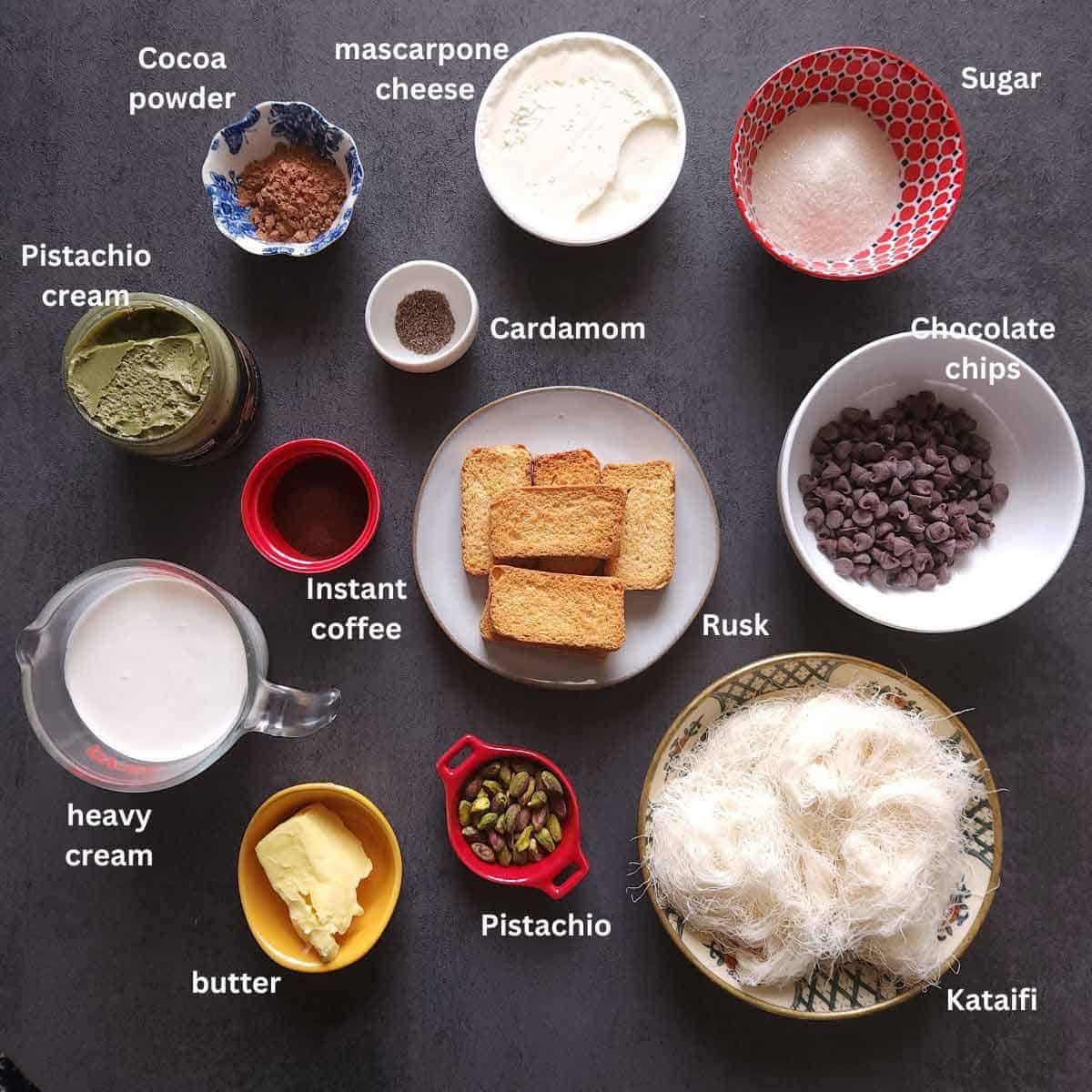 premeasured ingredients for dubai chocolate tiramisu.