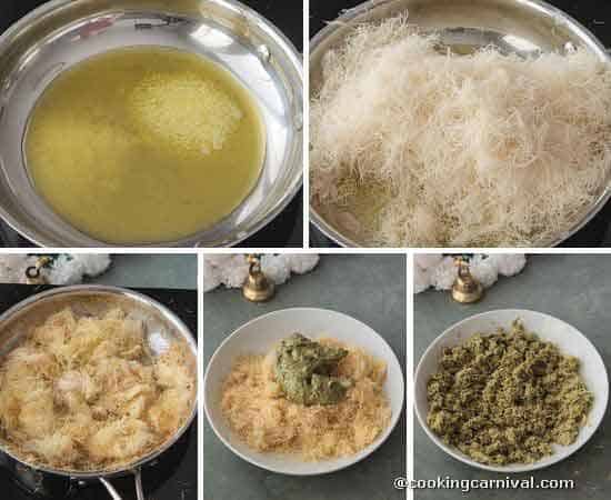 Roasting kataifi in butter. then adding pistachio cream in roasted kataifi.