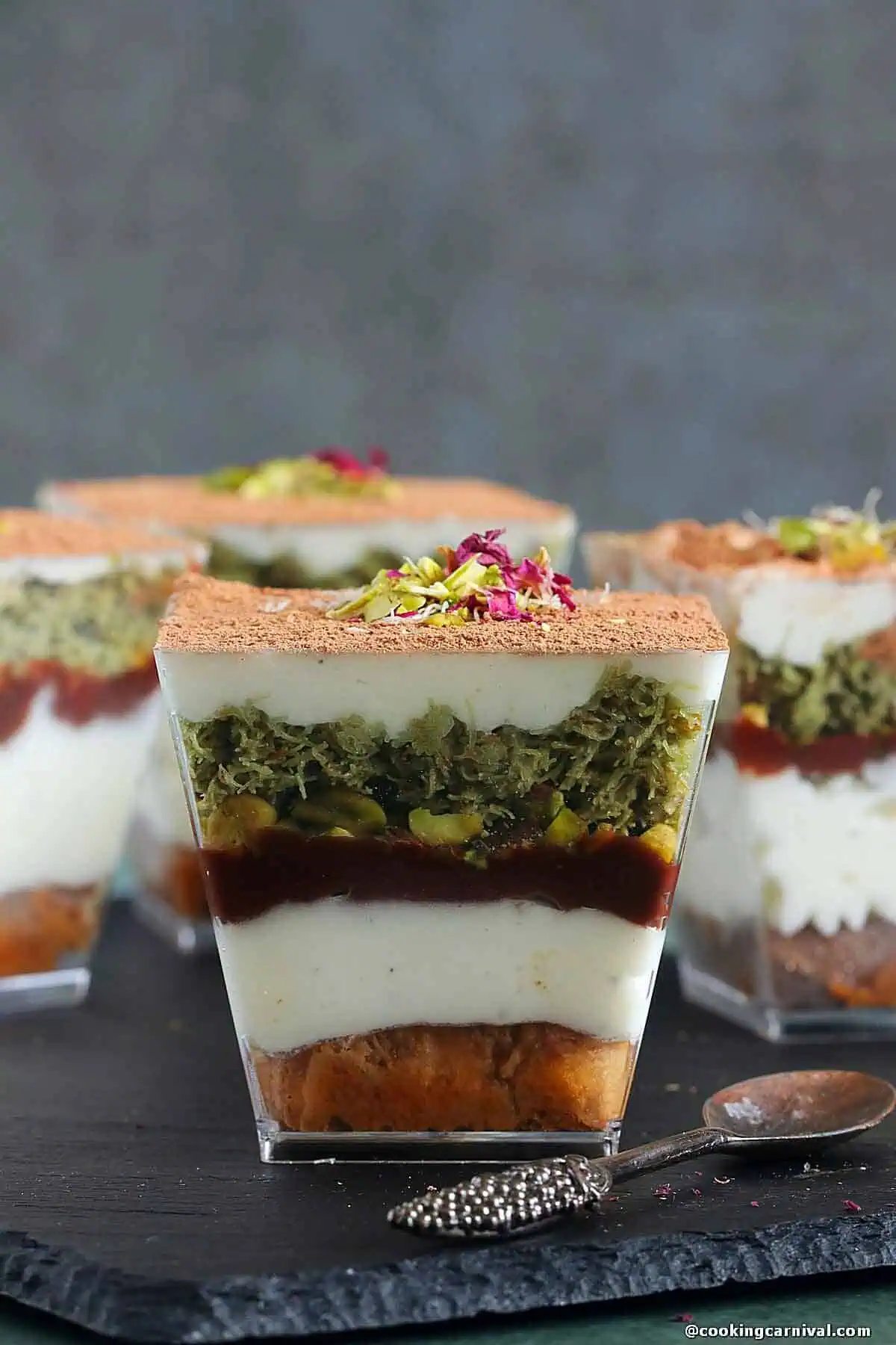 dubai chocolate tiramisu in cups.