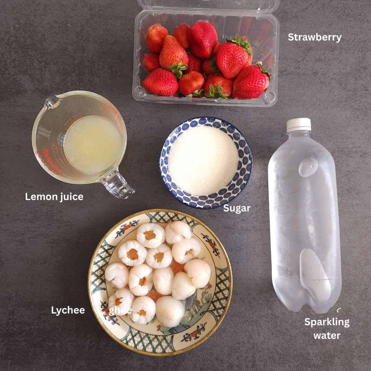 pre measured ingredients for virgin lychee strawberry mocktail.