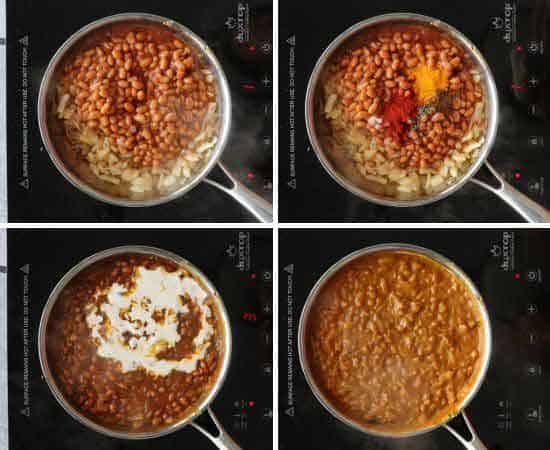 Collage of making masala baked beans filling.