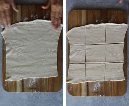 cutting puff pastry sheet into 9 squares.
