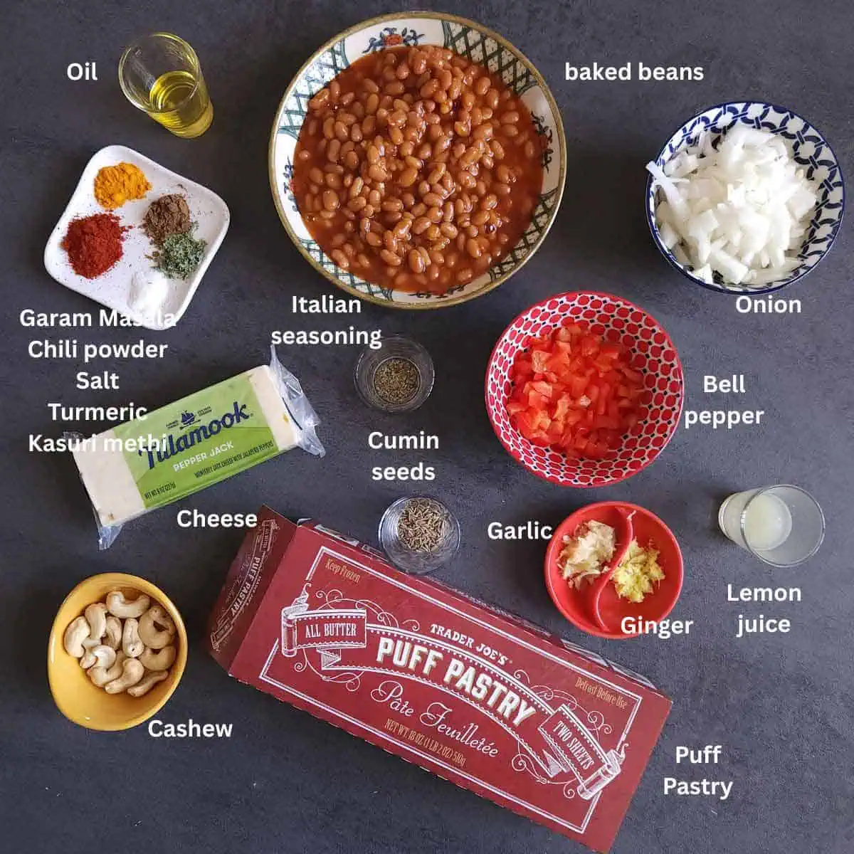 Premeasured ingredients for Masala Baked beans Puff pastry.