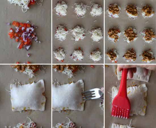 layering with upside down puff pastry fillings. brush puff pastry with milk.