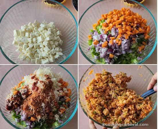 mixing paneer, vegetables, peri peri masala, cheese, cream, garlic chutney in a bowl.