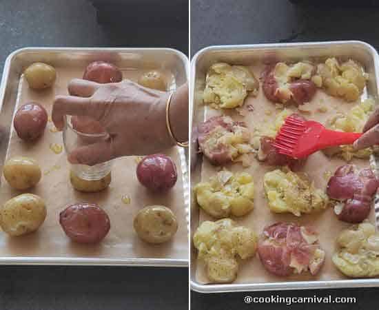 smashing baby potatoes in a baking tray. Appling garlic butter on it.