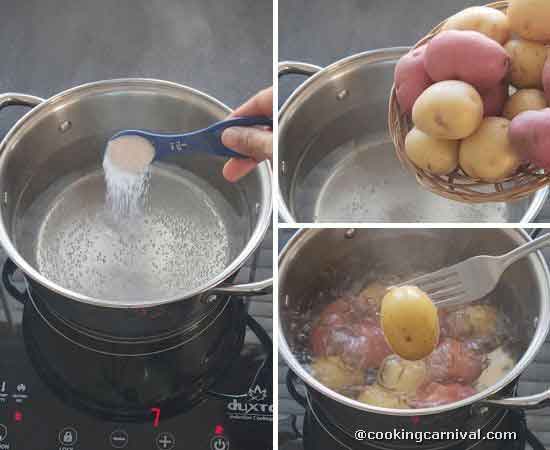Boiling baby potatoes in salted water.