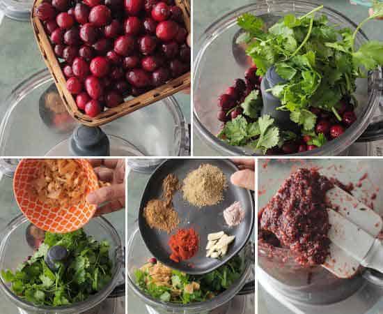collage of making masala cranberry salsa.