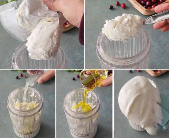 collage of making whipped ricotta and goat cheese.